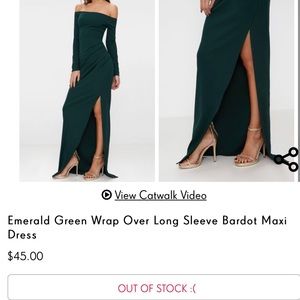 emerald green wrap over long sleeve bardot maxi dress